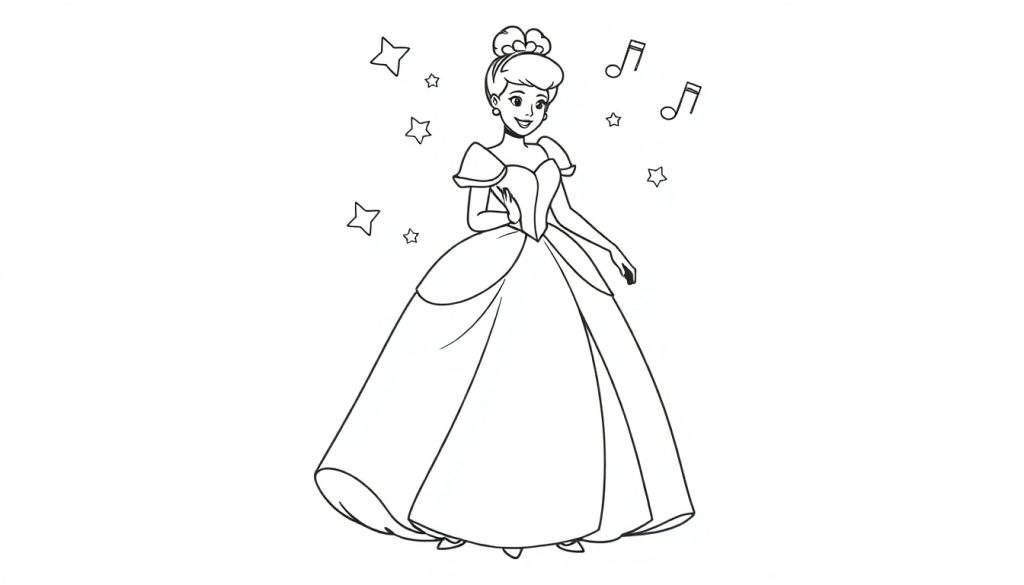 Cinderella in her ballgown, surrounded by stars and musical notes, ready to color this fun color panel.