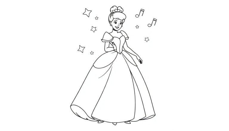 Cinderella in her ballgown, surrounded by stars and musical notes, ready to color this fun color panel.