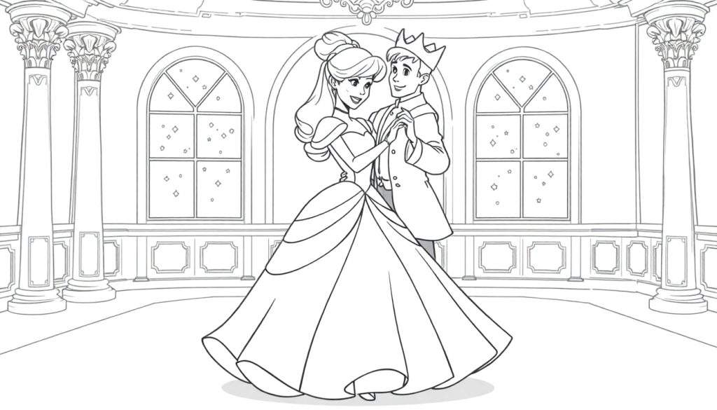 A black and white coloring page of Cinderella dancing with Prince Charming, perfect for a coloring panel.