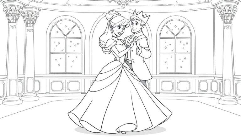 A black and white coloring page of Cinderella dancing with Prince Charming, perfect for a coloring panel.