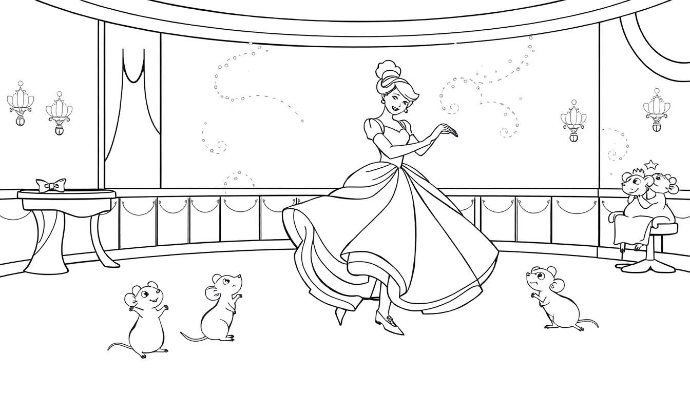 A black and white coloring page of Cinderella dancing with magical swirls and mice friends, a fun color panel.
