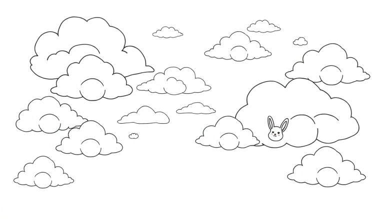 A black and white color panel of fluffy clouds, with a bunny's head peeking from one cloud.