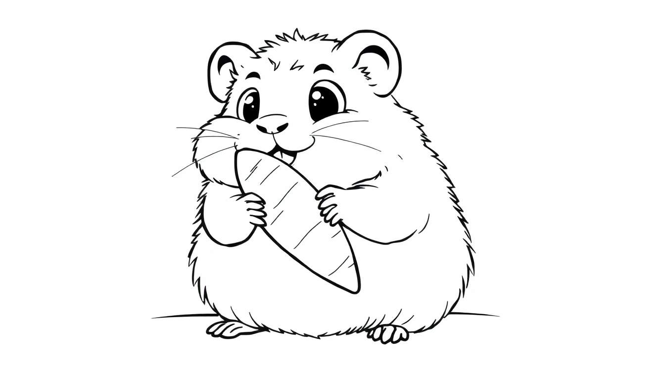 A black and white cartoon drawing of a fluffy hamster holding a carrot, ready for coloring. This is a color panel for kids.