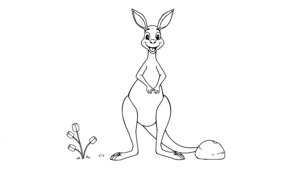 A happy cartoon kangaroo in a black and white color panel, with large ears and a friendly smile, standing next to a small plant. The kangaroo's tail is on the ground.
