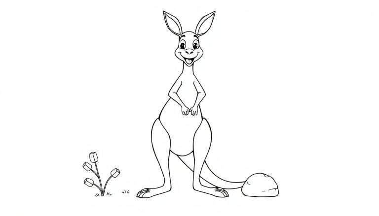 A happy cartoon kangaroo in a black and white color panel, with large ears and a friendly smile, standing next to a small plant. The kangaroo's tail is on the ground.