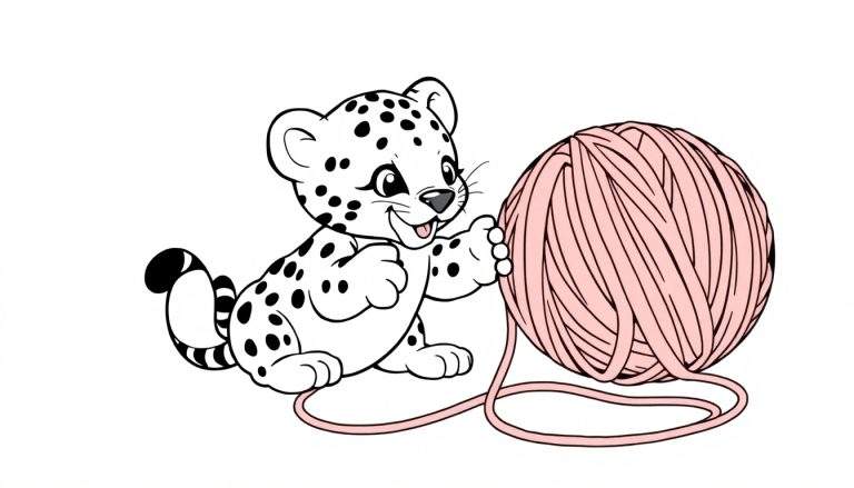 A cute baby leopard cub in a coloring panel, reaching for a giant ball of pink yarn.