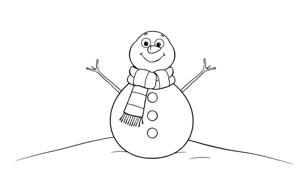 A cheerful snowman with button eyes and a carrot nose, ready for coloring. Black and white line art color panel.
