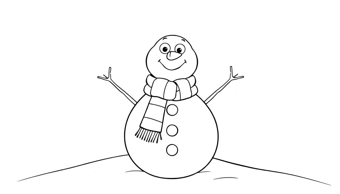 A cheerful snowman with button eyes and a carrot nose, ready for coloring. Black and white line art color panel.