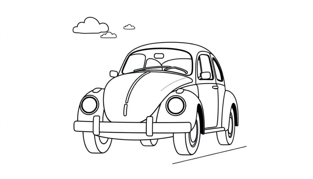A cute black and white line drawing of a Volkswagen Beetle, perfect for a color panel.