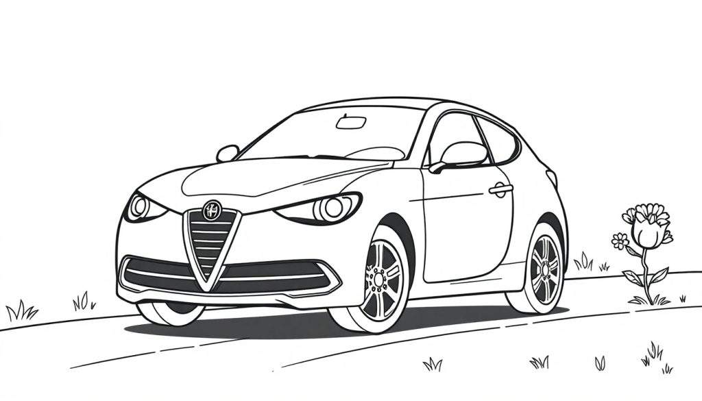A cute Alfa Romeo car for kids to color, ready for a color panel adventure.