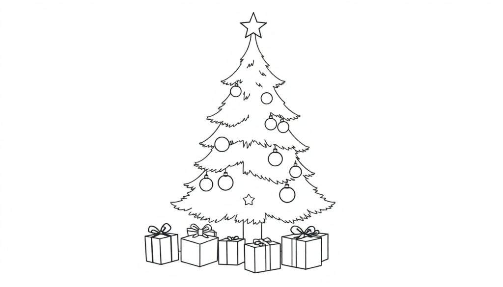 A cute Christmas tree outline, ready for coloring, with presents underneath and a star on top. A fun color panel awaits!