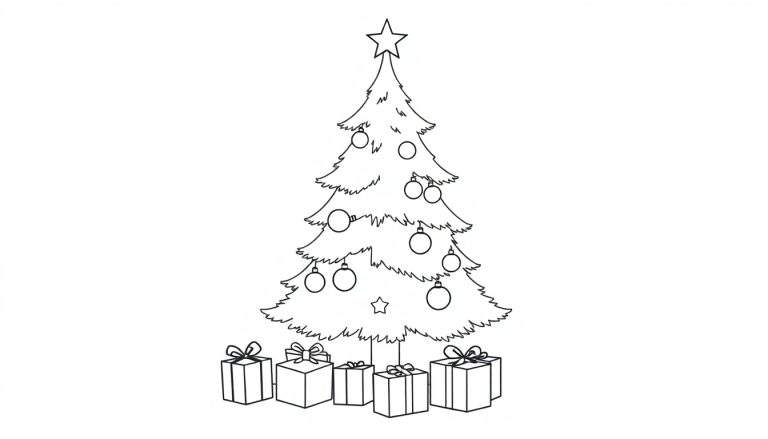 A cute Christmas tree outline, ready for coloring, with presents underneath and a star on top. A fun color panel awaits!
