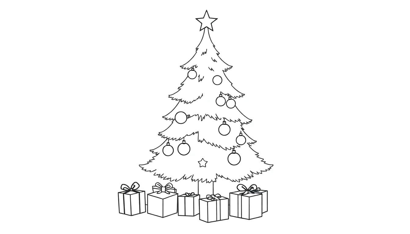 A cute Christmas tree outline, ready for coloring, with presents underneath and a star on top. A fun color panel awaits!