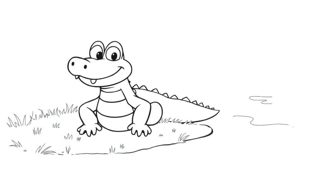 A friendly cartoon alligator in a black and white color panel, smiling near water.