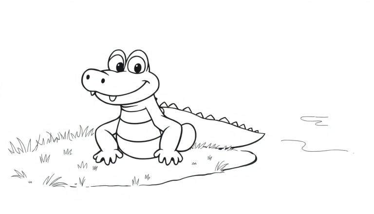 A friendly cartoon alligator in a black and white color panel, smiling near water.