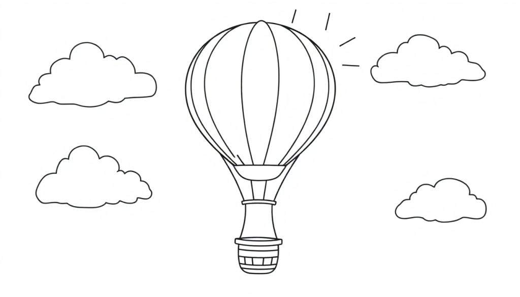 A black and white outline of a hot air balloon with a basket, floating amongst clouds, ready for a color panel.