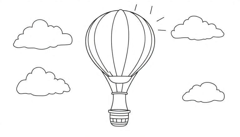 A black and white outline of a hot air balloon with a basket, floating amongst clouds, ready for a color panel.