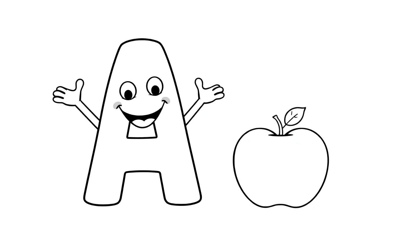 A black and white coloring page of a friendly big letter 'A' waving hello with a small apple sitting beside it, presented as a color panel.