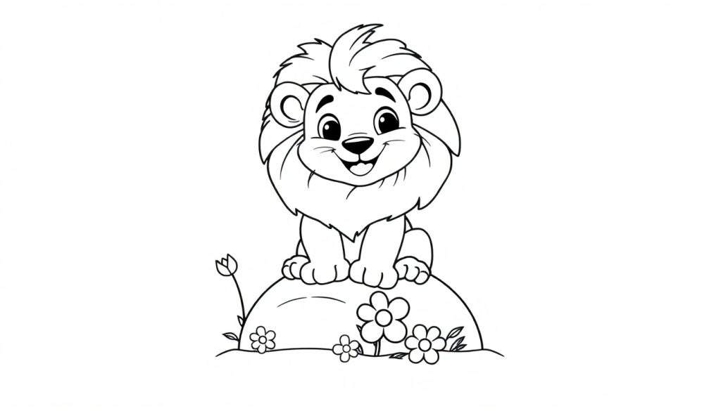 A cute cartoon lion with a big mane, ready for its color panel.