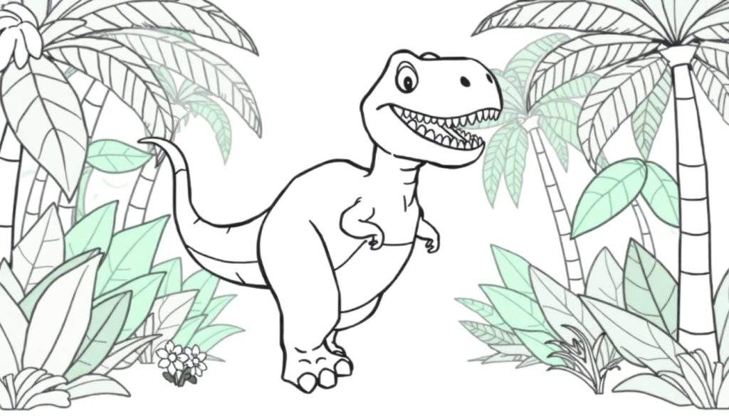 A friendly black and white T-Rex outline with green leafy plants, ready for the color panel.