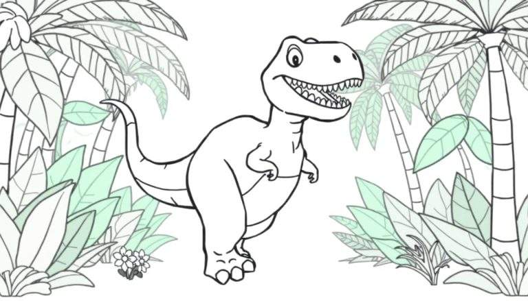 A friendly black and white T-Rex outline with green leafy plants, ready for the color panel.