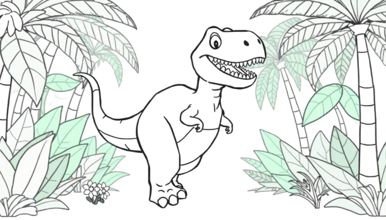 A friendly black and white T-Rex outline with green leafy plants, ready for the color panel.