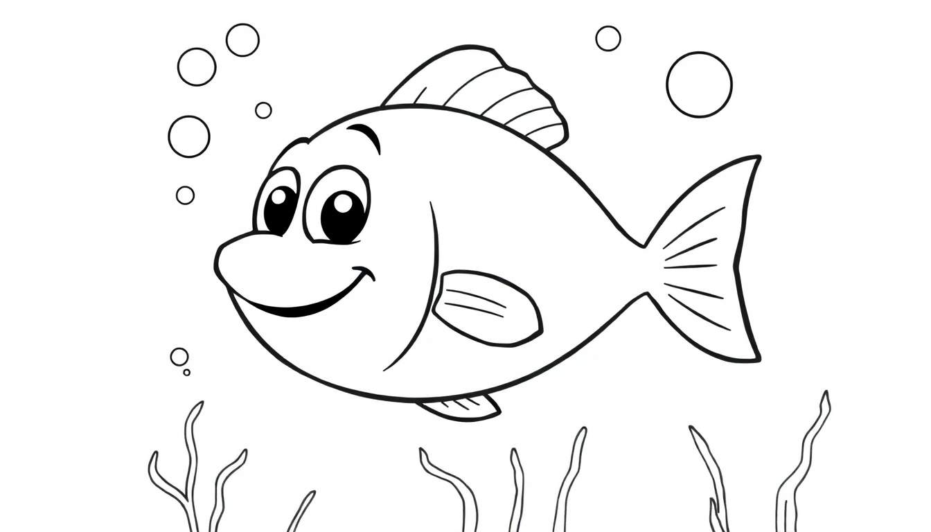 A friendly cartoon fish, ready for a color panel adventure, swimming amongst seaweed and bubbles.