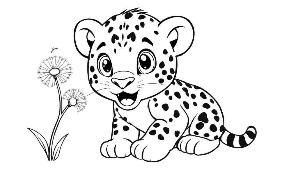 Cute cartoon jaguar cub next to dandelions, a fun color panel for kids.