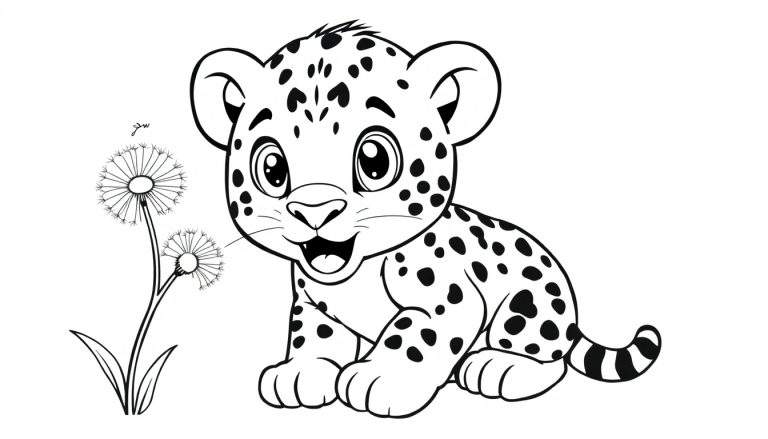 Cute cartoon jaguar cub next to dandelions, a fun color panel for kids.