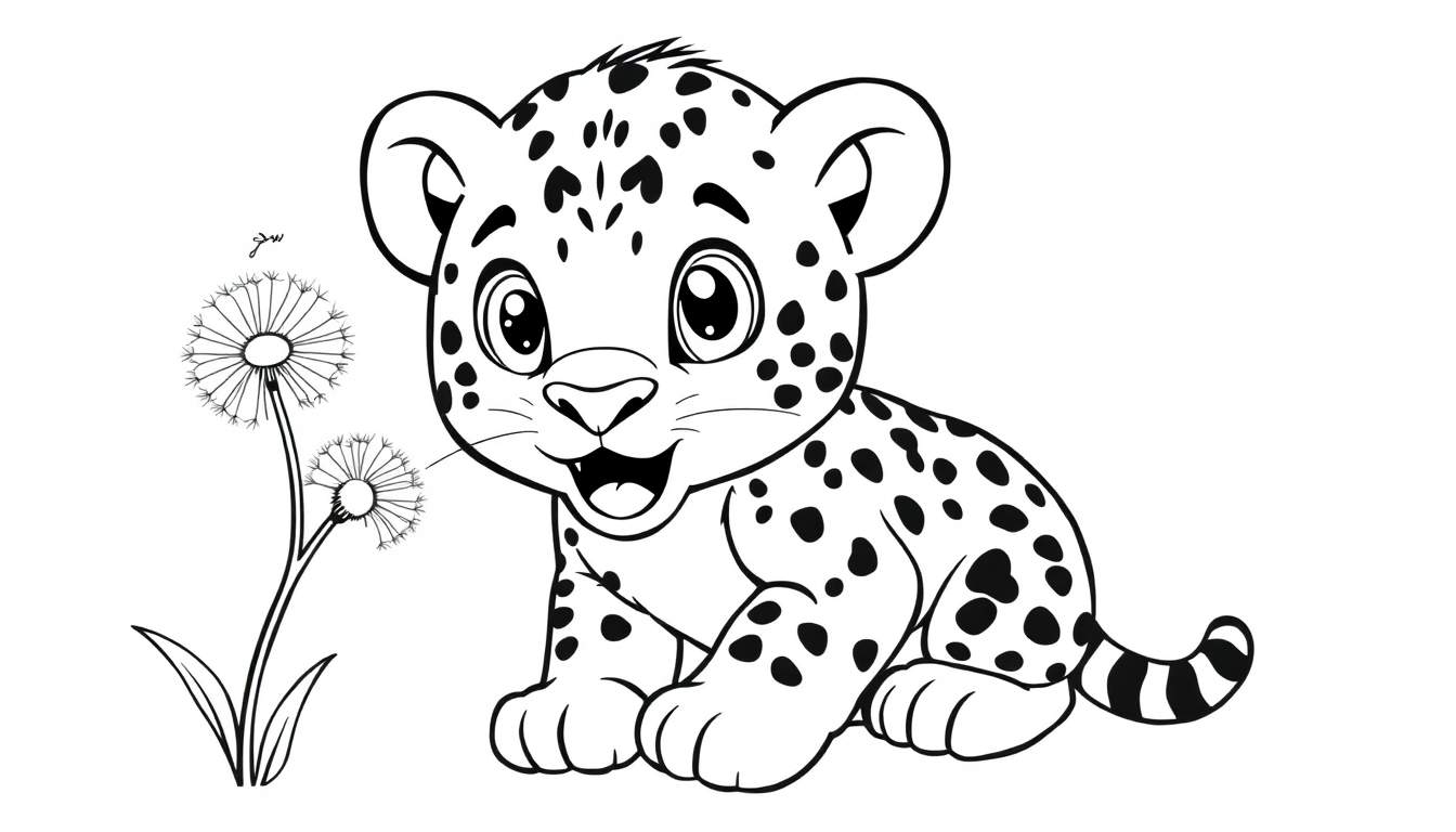 Cute cartoon jaguar cub next to dandelions, a fun color panel for kids.