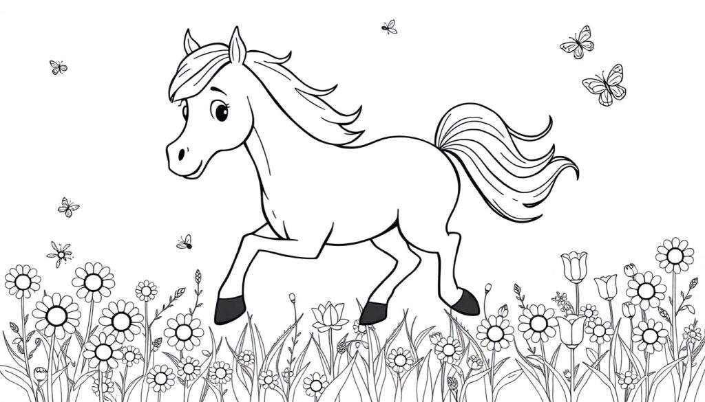 A black and white illustration of a cartoon horse running through a field of flowers, perfect for a color panel.