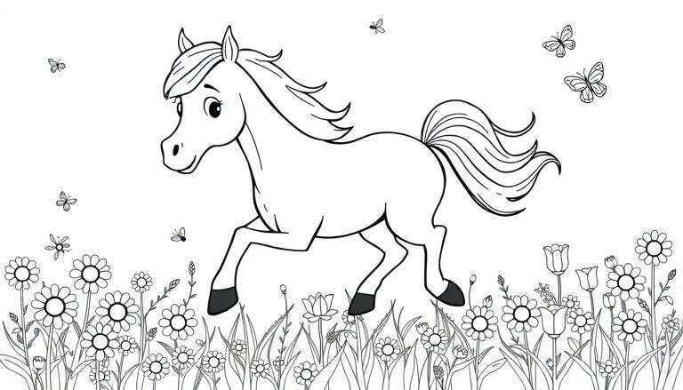 A black and white illustration of a cartoon horse running through a field of flowers, perfect for a color panel.