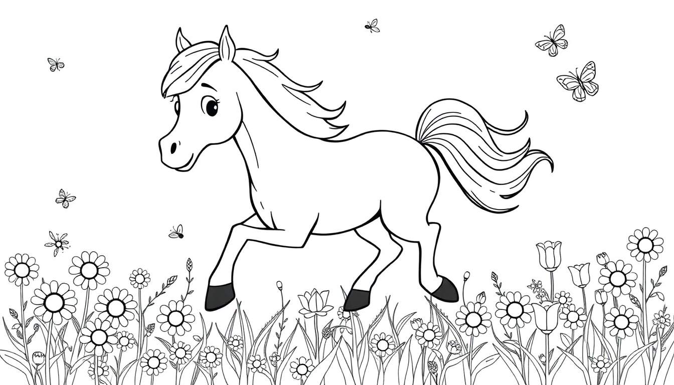 A black and white illustration of a cartoon horse running through a field of flowers, perfect for a color panel.