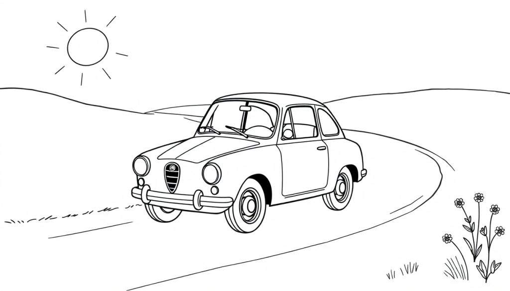 A black and white cartoon of a cute vintage Alfa Romeo car on a winding road, perfect for a color panel.