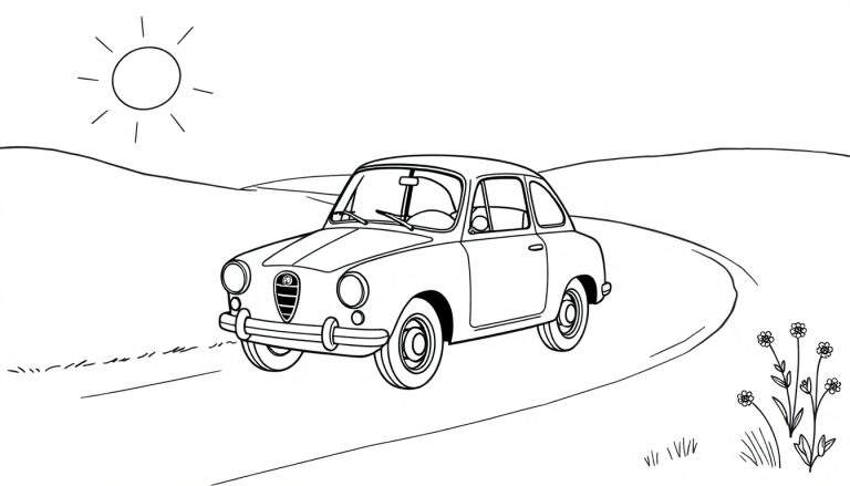 A black and white cartoon of a cute vintage Alfa Romeo car on a winding road, perfect for a color panel.