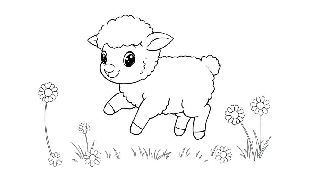 A cute black and white line art drawing of a fluffy lamb in a field of daisies, perfect for a color panel.