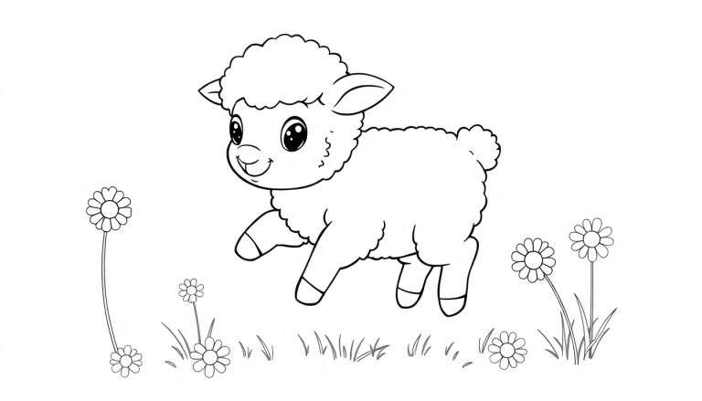 A cute black and white line art drawing of a fluffy lamb in a field of daisies, perfect for a color panel.