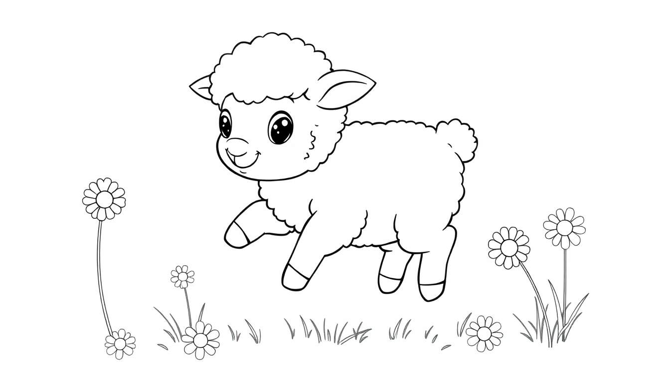 A cute black and white line art drawing of a fluffy lamb in a field of daisies, perfect for a color panel.