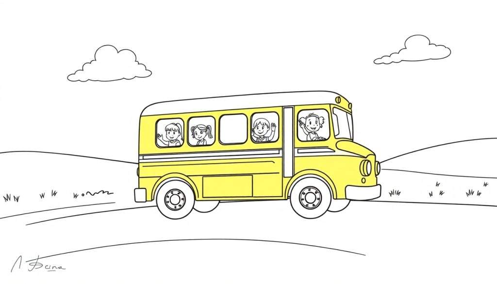 A cheerful school bus color panel with kids waving from the windows, driving on a grassy hill under two clouds.