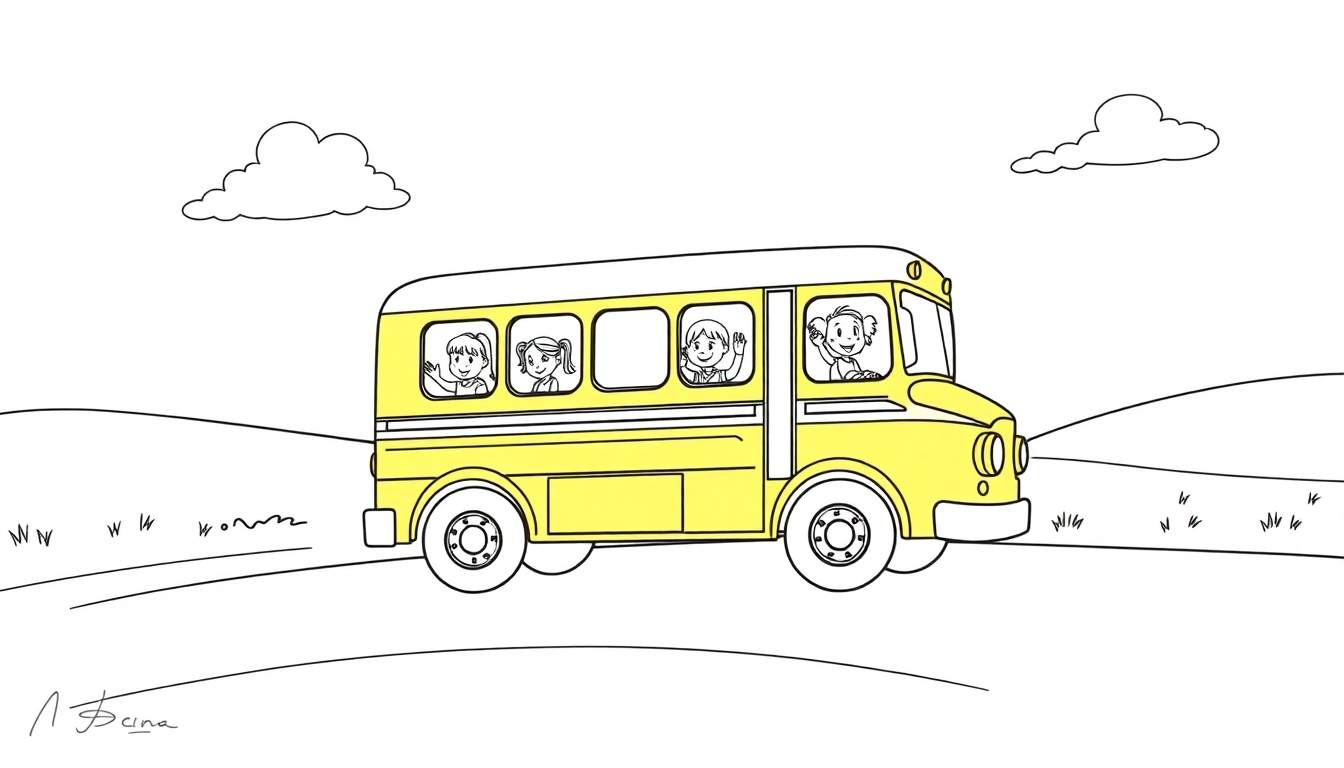 A cheerful school bus color panel with kids waving from the windows, driving on a grassy hill under two clouds.
