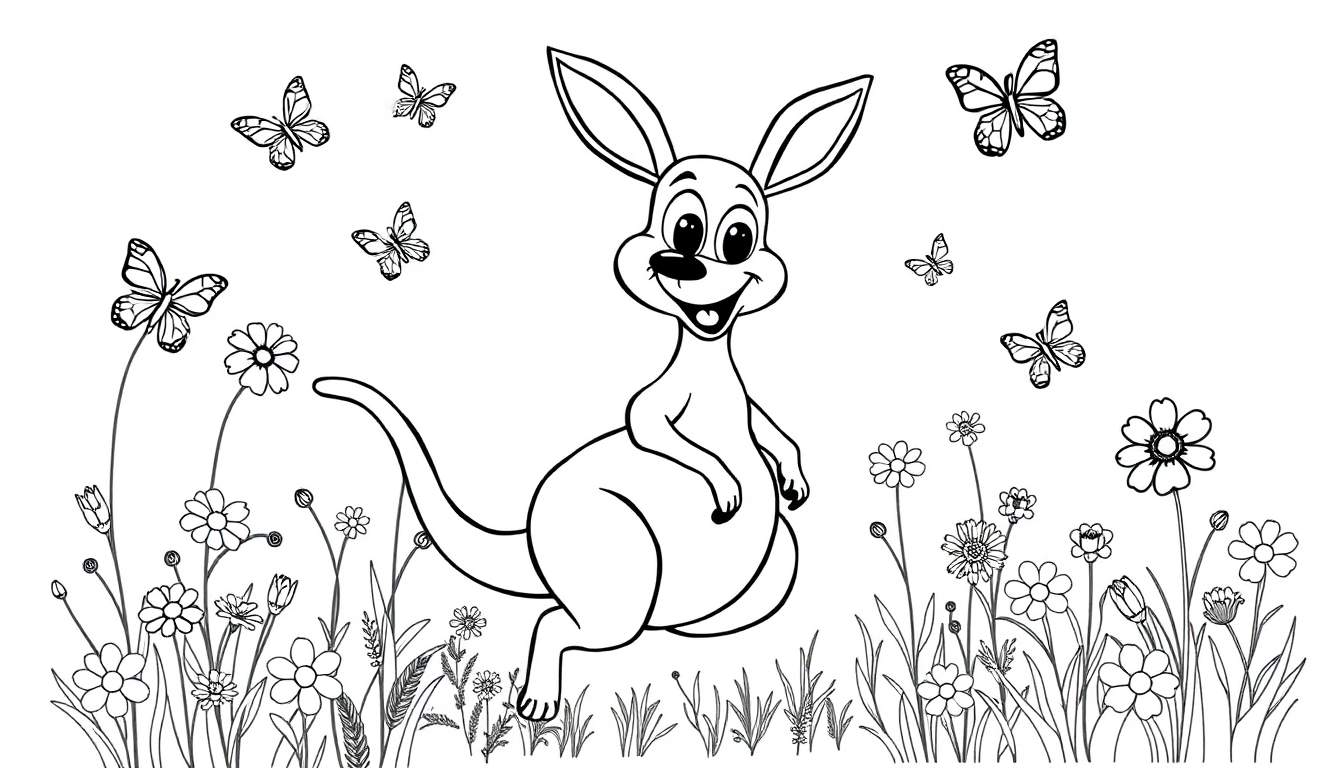 A happy kangaroo in a black and white coloring panel, surrounded by flowers and butterflies.