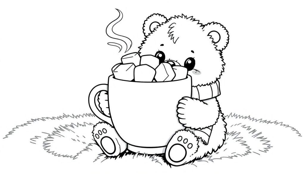 A cute teddy bear coloring page, a black and white drawing of a fluffy bear enjoying a mug of hot chocolate with marshmallows, steam rising. A fun color panel for kids to bring this cozy scene to life!