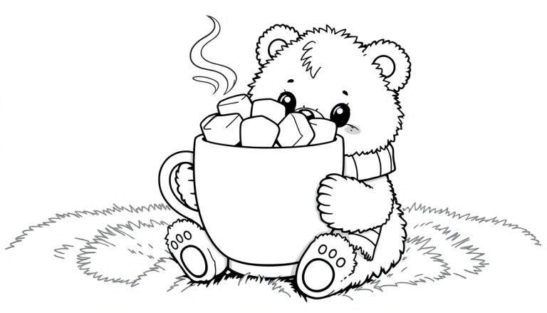A cute teddy bear coloring page, a black and white drawing of a fluffy bear enjoying a mug of hot chocolate with marshmallows, steam rising. A fun color panel for kids to bring this cozy scene to life!