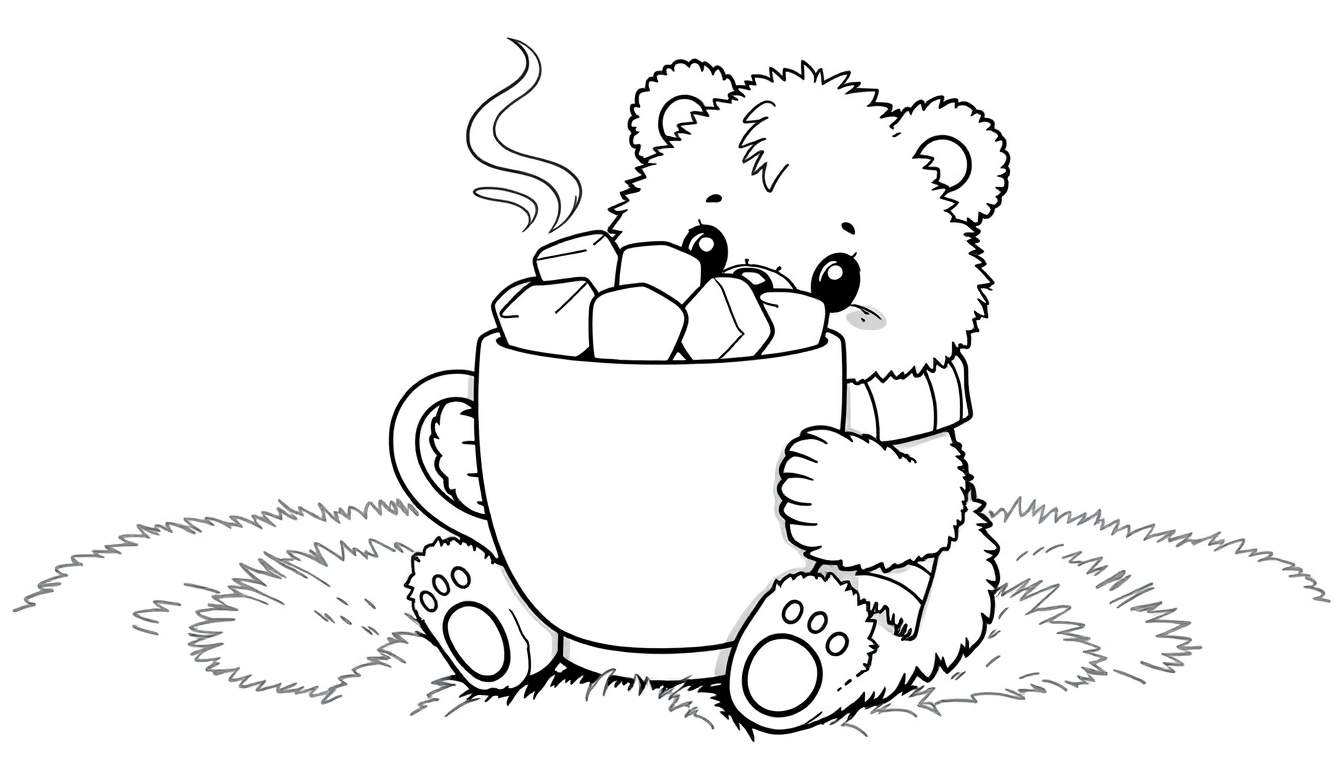 A cute teddy bear coloring page, a black and white drawing of a fluffy bear enjoying a mug of hot chocolate with marshmallows, steam rising. A fun color panel for kids to bring this cozy scene to life!