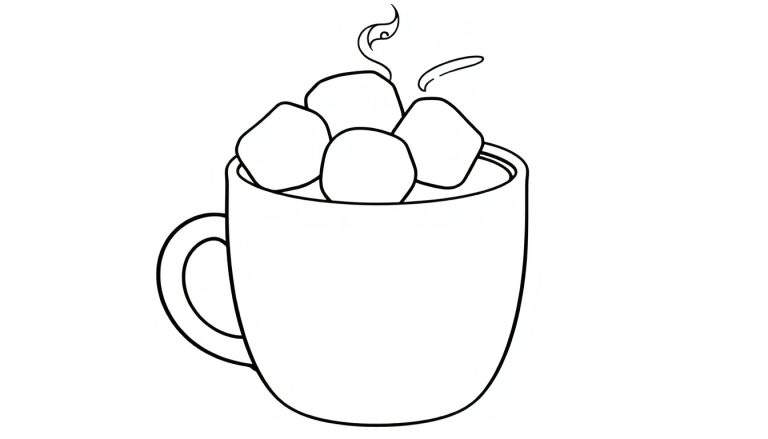 A black and white line drawing of a steaming mug of hot chocolate with marshmallows, ready for coloring. This is a color panel.