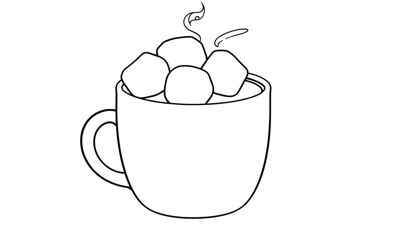 A black and white line drawing of a steaming mug of hot chocolate with marshmallows, ready for coloring. This is a color panel.