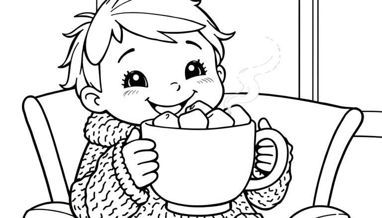 A happy child with a big smile holding a steaming mug full of marshmallows, ready to be colored in this fun color panel.