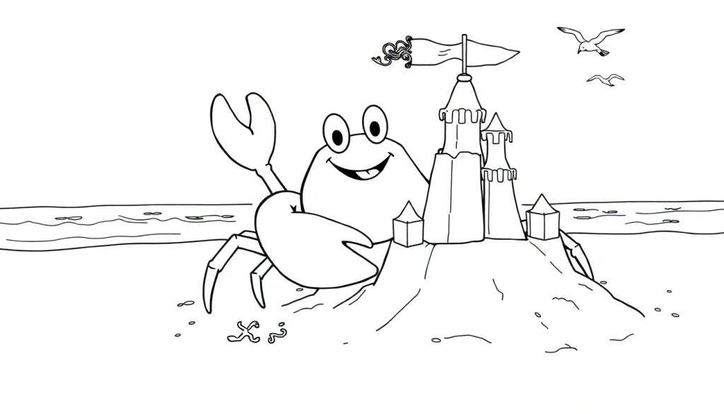 A happy cartoon crab with a raised claw stands next to a detailed sandcastle on a beach, ready for a coloring panel adventure.