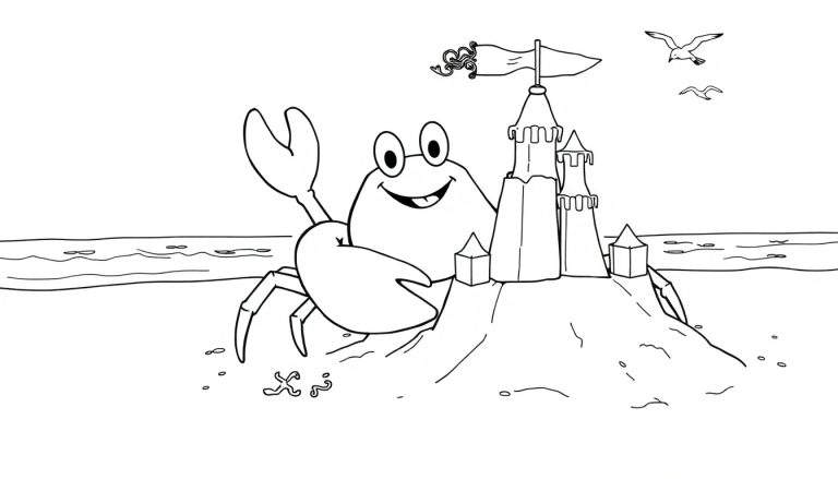 A happy cartoon crab with a raised claw stands next to a detailed sandcastle on a beach, ready for a coloring panel adventure.