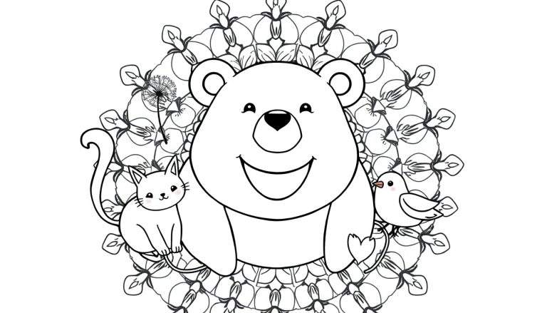 A cute black and white bear, cat, and bird in a mandala color panel.